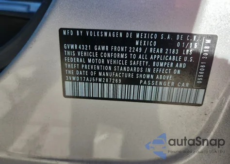 2015 Volkswagen Jetta Se z USA, uszkodzony, nr VIN 3VWD17AJ5FM287269